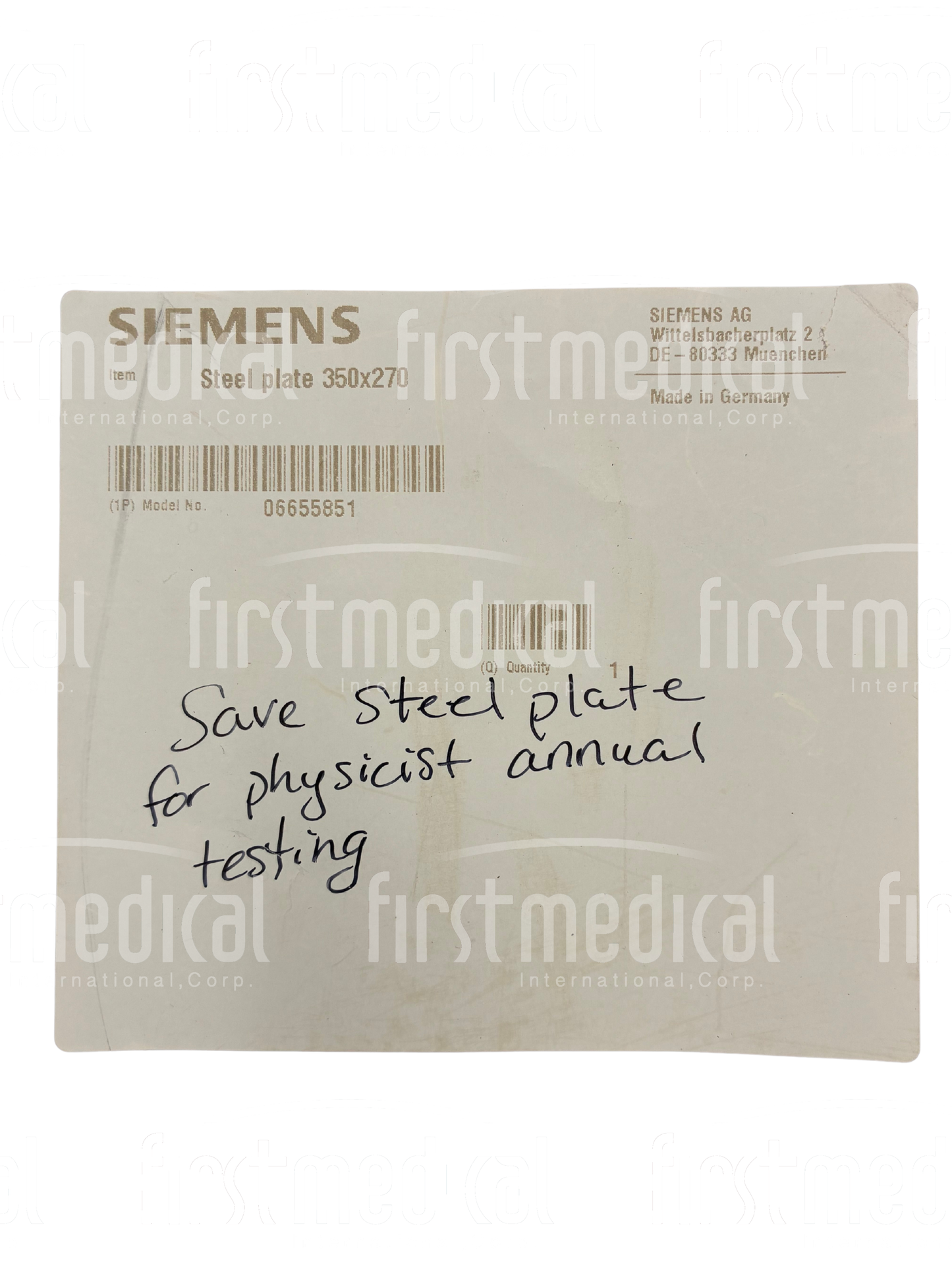 Siemens Mammography Biopsy Steel Plate 350x270 mm, PN 06655851 , 100-01342 REV. 00